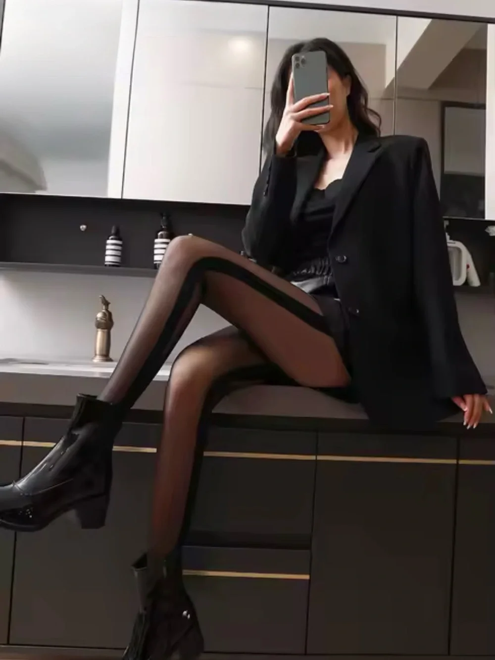 NWT Chic Black Sheer Panel Tights with Side Stripe | One Size